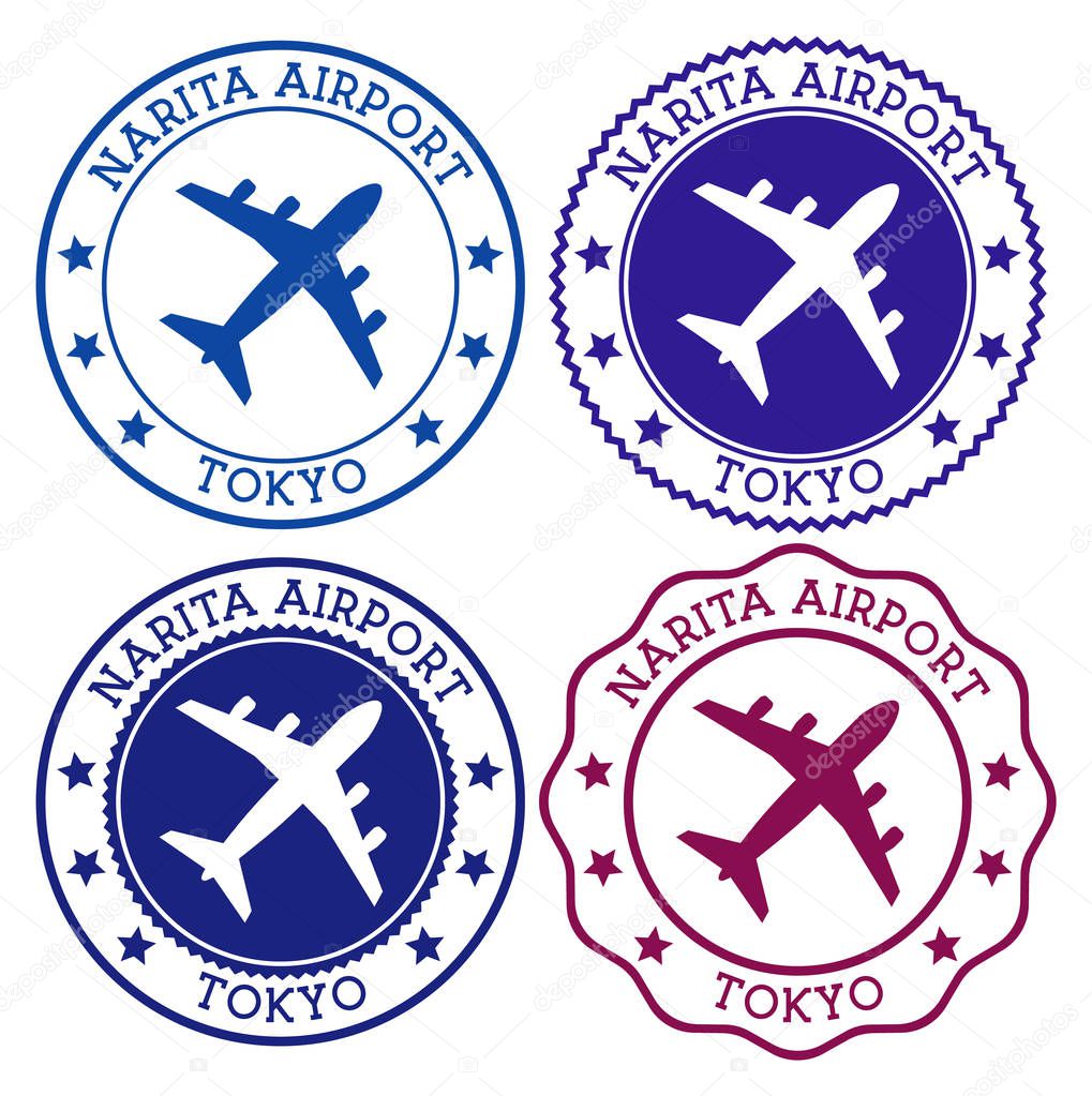 Narita Airport Tokyo. Tokyo airport logo. Flat stamps in material color palette. Vector illustration.