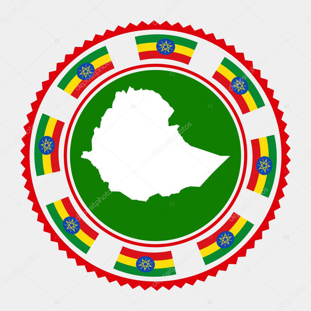Ethiopia flat stamp. Round logo with map and flag of Ethiopia. Vector illustration.