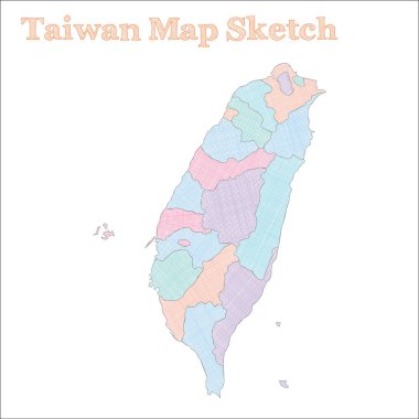 Tayvan haritası. Elle çizilmiş bir ülke. Bölgeli duygusal yarım yamalak Tayvan haritası. Vektör illüstrasyonu.