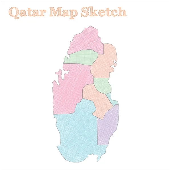 Qatars Karte Handgezeichnete Land Künstlerische Skizzenhafte Katar Landkarte Mit Regionen — Stockvektor
