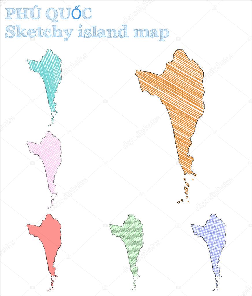 Phu Quoc sketchy island. Fabulous hand drawn island. Fantastic childish style Phu Quoc vector illustration.