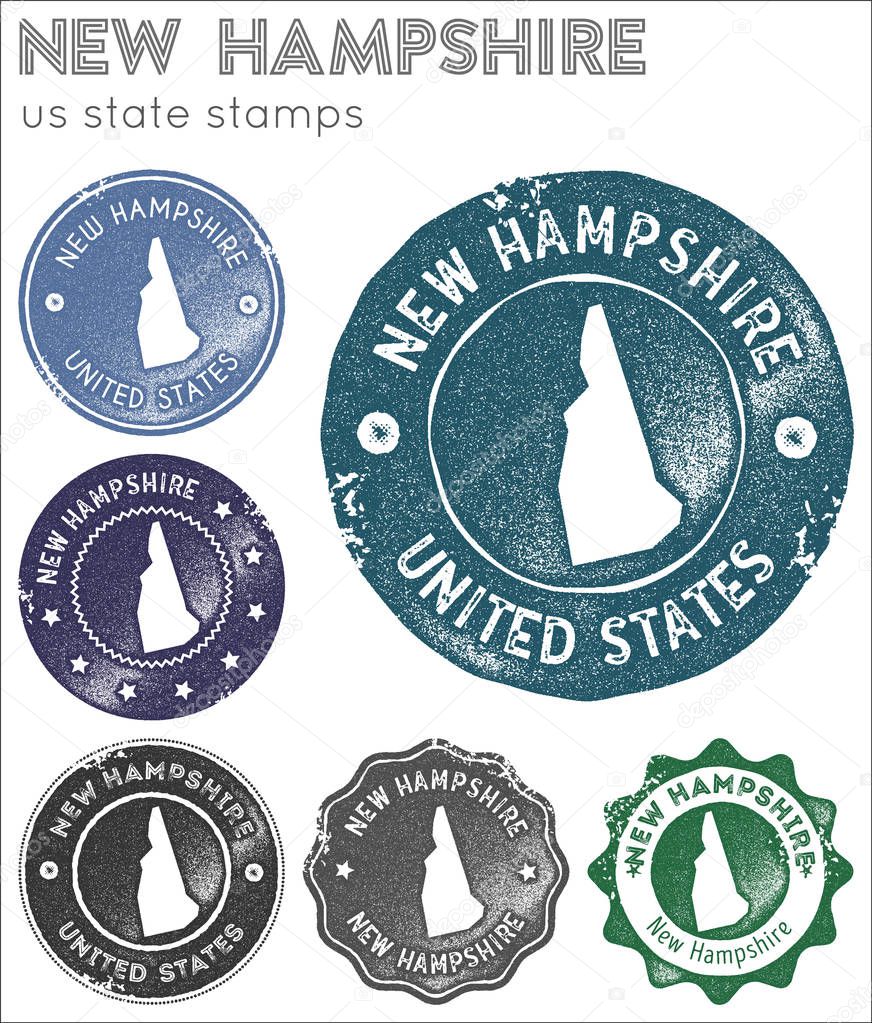 New Hampshire stamps collection. Rubber stamps with us state map silhouette. Vector set of New Hampshire logo.