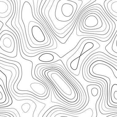 Contour hatları. Gerçek topoğrafya haritası. Siyah ve beyaz dikişsiz tasarım, şekillendirilebilir izolin deseni. Vektör illüstrasyonu.