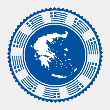 Yunanistan pulu. Yuvarlak logo, harita ve Yunanistan bayrağı. Vektör illüstrasyonu.
