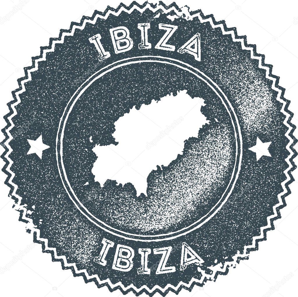 Ibiza map vintage stamp. Retro style handmade label, badge or element for travel souvenirs. Dark blue rubber stamp with island map silhouette. Vector illustration.
