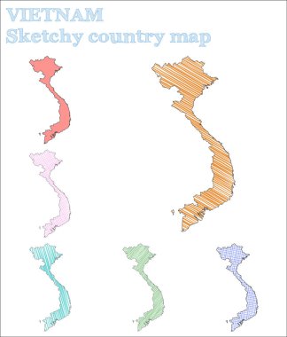 Vietnam yarım yamalak bir ülke. Olağanüstü bir el çizimi ülke. Enfes çocuksu Vietnam vektör illüstrasyonu.