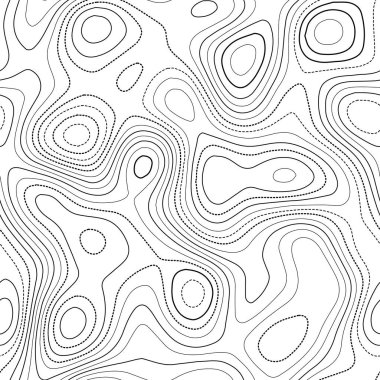 Contour hatları. Gerçek topoğrafya haritası. Siyah ve beyaz dikişsiz tasarım, simetrik karo izolin deseni. Vektör illüstrasyonu.