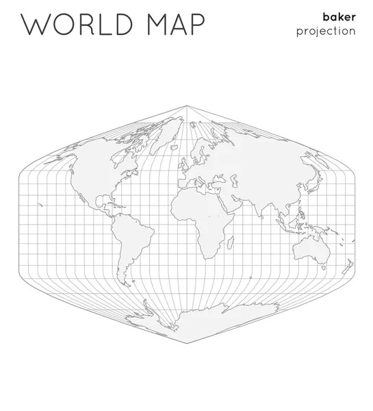 Mappa Del Mondo Globo Proiezione Panettiere Con Linee Stile Graticule — Vettoriale Stock
