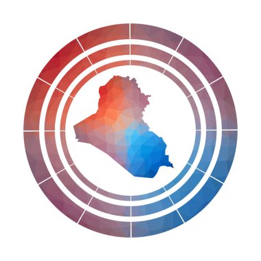Irak Cumhuriyeti rozeti. Düşük polimerli ülkenin parlak logosu. Çok renkli Irak Cumhuriyeti, bilgi grafikleriniz için geometrik biçimli bir haritayla yuvarlak işaretli.