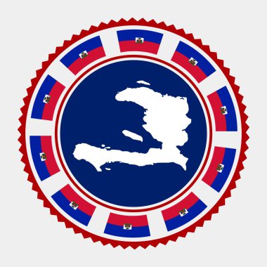 Haiti pulu. Harita ve Haiti bayrağıyla yuvarlak logo. Vektör illüstrasyonu.