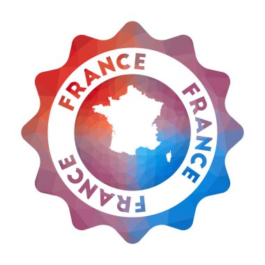Fransa düşük polyester logosu. Geometrik tarzda ülkenin rengarenk seyahat logosu. Çoklu renkli çokgen Fransa bilgi grafikleriniz için haritayla yuvarlanmış işaret levhası.