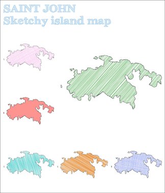 Aziz John yarım yamalak adası. Göz kamaştırıcı bir el çizimi ada. Zarif çocuksu stil Saint John vektör illüstrasyonu.