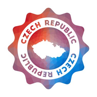 Çek Cumhuriyeti düşük polyester logosu. Geometrik tarzda ülkenin rengarenk seyahat logosu. Çoklu renkli Çek Cumhuriyeti bilgi grafikleriniz için haritayla yuvarlanmış işaret levhası.