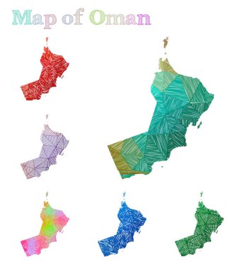 Umman 'ın el çizimi haritası. Renkli taşra biçimi. Sketchy Oman harita koleksiyonu. Vektör illüstrasyonu.