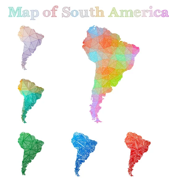 Handdrawn map of South America Colorful continent shape Sketchy South America maps collection — Stock Vector