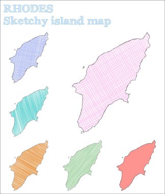 Rhodes 'un baştan savma adası. El çizimi ada. Rhodes' un çocuksu tasviri.