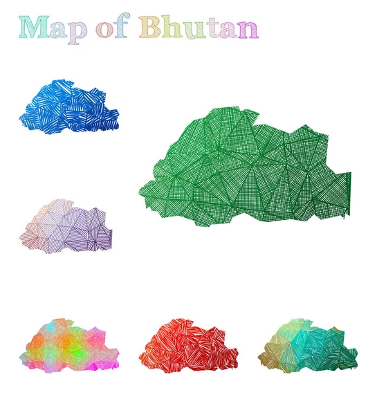 Mapa dibujado a mano de Bután Colorida forma de país Sketchy Bután mapas colección Vector — Vector de stock