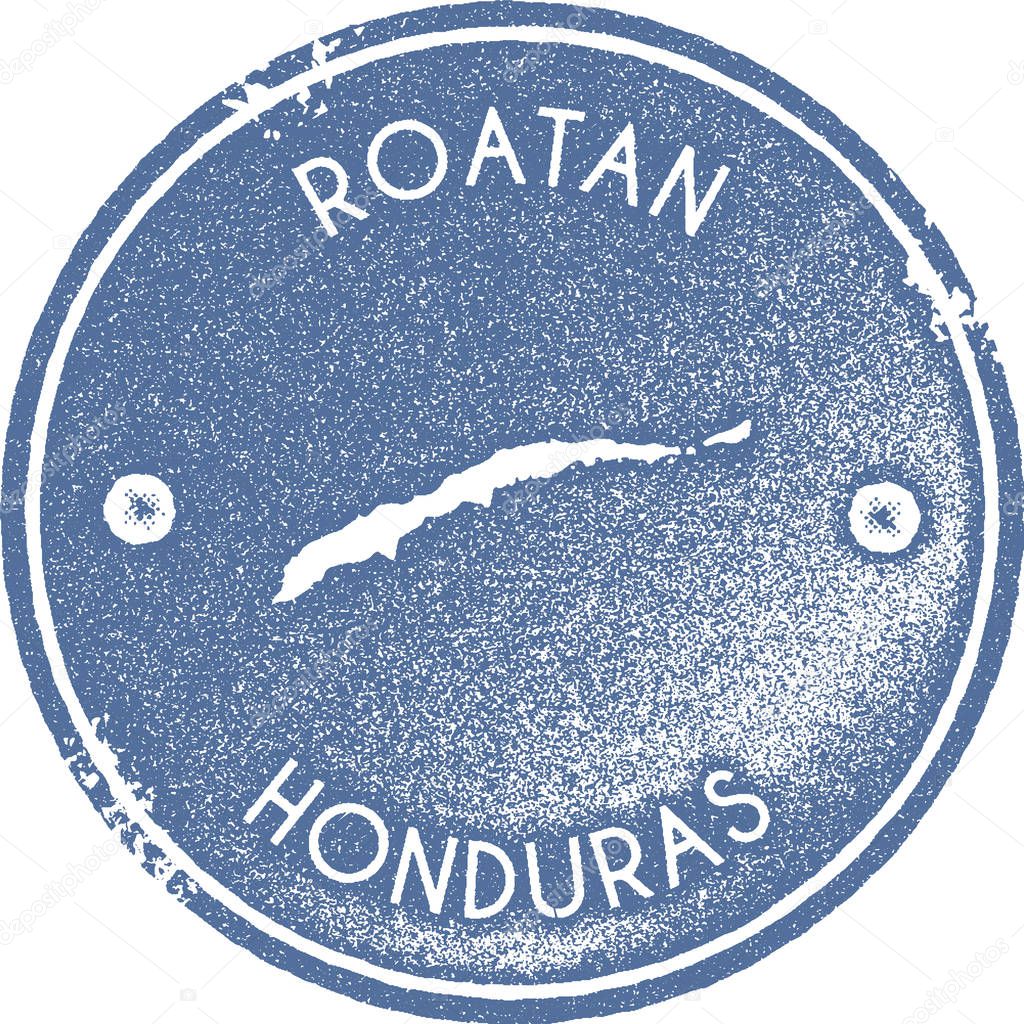 Roatan map vintage stamp. Retro style handmade label, badge or element for travel souvenirs. Light blue rubber stamp with island map silhouette. Vector illustration.