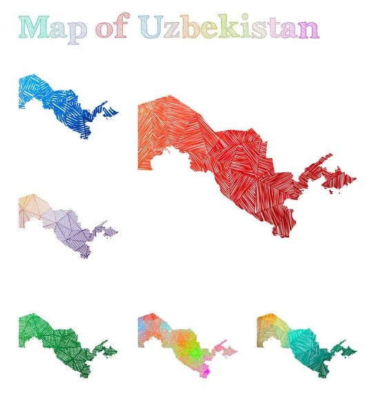 Mappa disegnata a mano di Uzbekistan Forma variopinta del paese Sketchy Uzbekistan raccolta mappe Vettore — Vettoriale Stock
