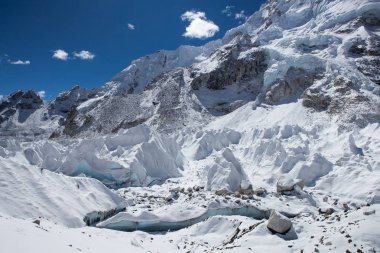 Everest Merkez Kampı 'ndan Khumbu buzulunun görüntüsü Himalayalar' ın Nepal 'deki inanılmaz fotoğrafı.