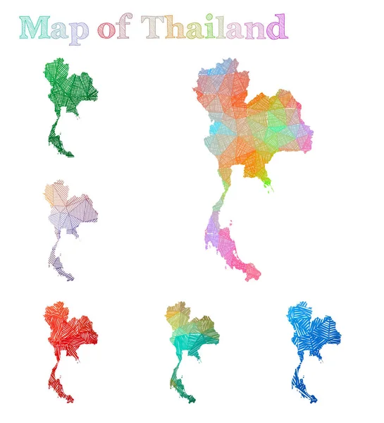 Carte dessinée à la main de la Thaïlande Forme de pays coloré Sketchy Thaïlande cartes collection Vector — Image vectorielle