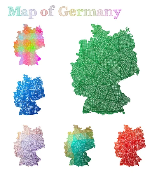 Handgezeichnete Landkarte von Deutschland bunt länderförmig skizzenhaft Deutschland Karten Sammlung Vektor — Stockvektor