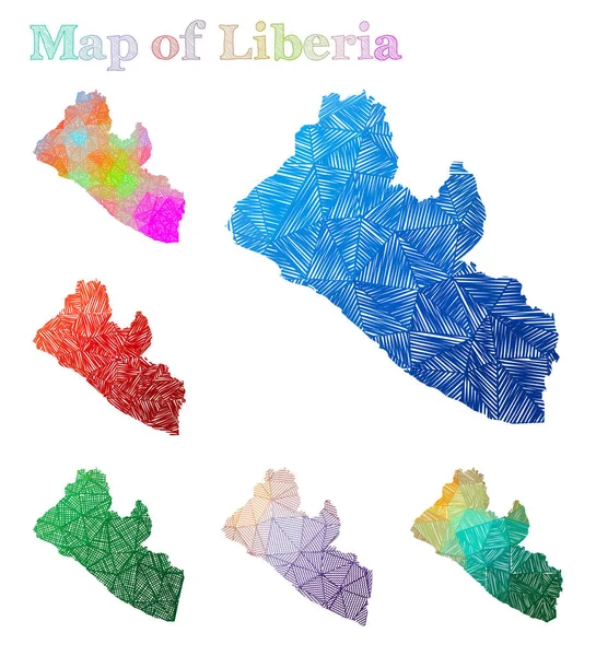 Handdrawn карта Ліберії барвисті країни форми схематичні Ліберії карти колекції вектор — стоковий вектор