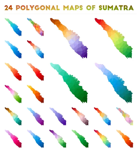 Set van vector veelhoekige kaarten van Sumatra heldere kleurovergang kaart van eiland in lage poly stijl — Stockvector