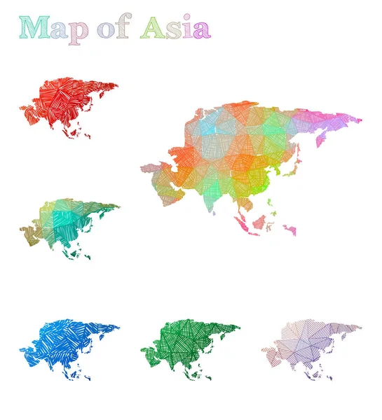 Mapa dibujado a mano de Asia Colorida forma del continente Sketchy Asia maps collection Vector illustration — Vector de stock