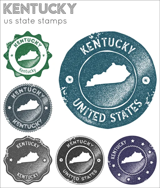 Kentucky pulkoleksiyonu Kentucky logosu bize devlet harita siluet vektör seti ile Kauçuk pullar — Stok Vektör