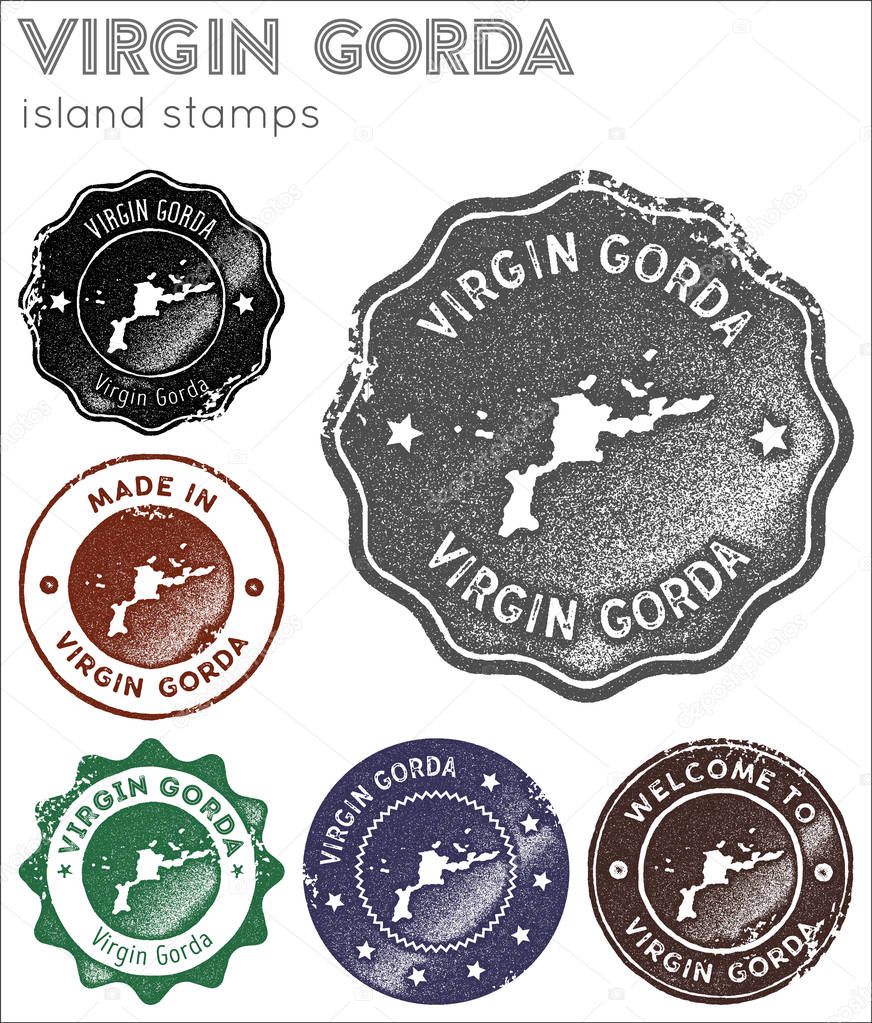 Virgin Gorda stamps collection Rubber stamps with island map silhouette Vector set of Virgin Gorda