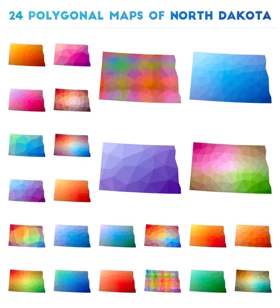 Conjunto de mapas poligonais vetoriais de Dakota do Norte Mapa gradiente brilhante de nós estado em baixo estilo poli —  Vetores de Stock