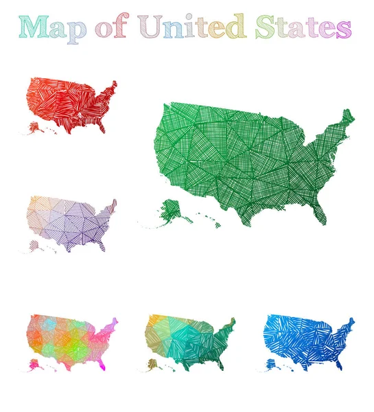 Χειρόγραφη χάρτη των ΗΠΑ πολύχρωμο σχήμα χώρα. — Διανυσματικό Αρχείο