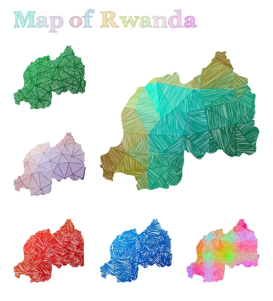 Ручная карта Руанды Разноцветная страна формы Sketchy Руанда карты коллекции Вектор — стоковый вектор