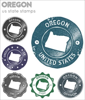 Oregon stamps collection Rubber stamps with us state map silhouette Vector set of Oregon logo clipart