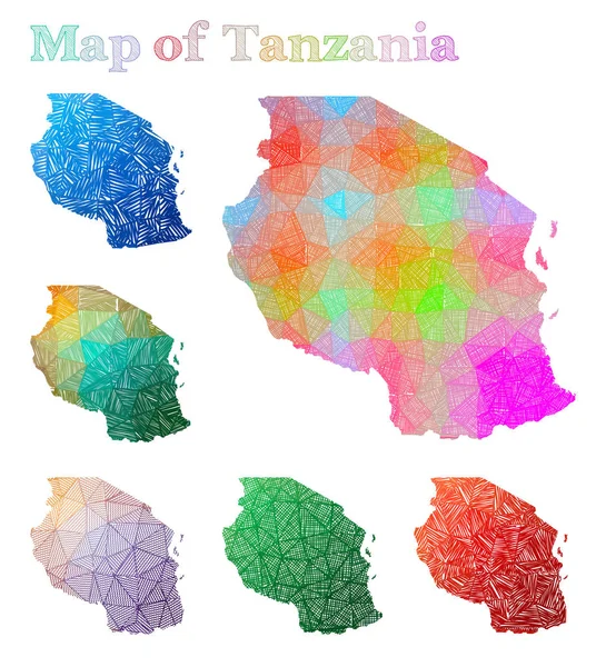 Χειροζωγραφικός Χάρτης της Τανζανίας πολύχρωμο σχήμα χώρας Χάρτης συλλογή χάρτες διάνυσμα — Διανυσματικό Αρχείο