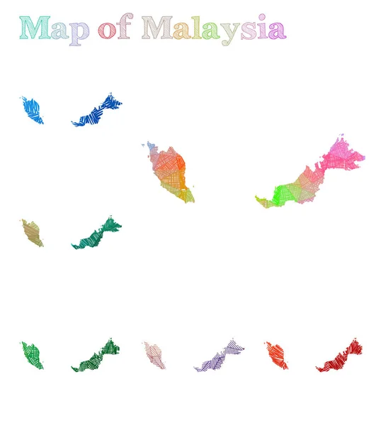 Hand getekende kaart van Maleisië kleurrijke land vorm Sketchy Maleisië kaarten collectie vector — Stockvector