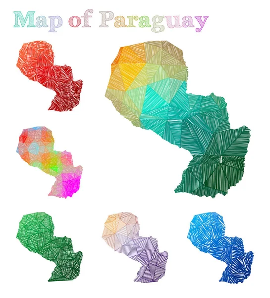 Handdrawn Térkép Paraguay színes ország alakja vázlatos Paraguay térképek gyűjtemény Vector — Stock Vector