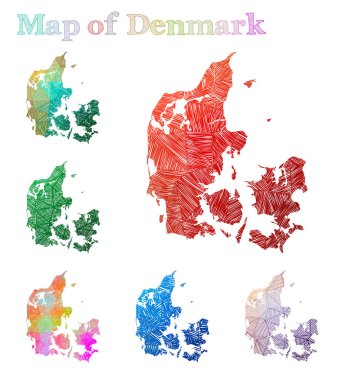 Danimarka handdrawn Haritası renkli ülke şekli Sketchy Danimarka haritalar koleksiyonu vector