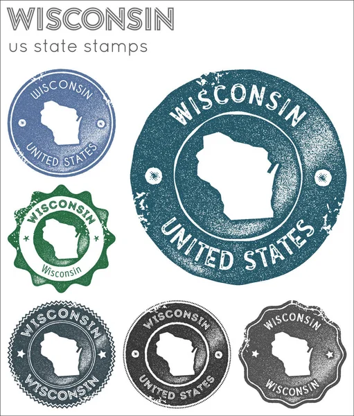 Wisconsin coleção de selos Carimbos de borracha com a gente silhueta mapa do estado Conjunto vetorial de Wisconsin — Vetor de Stock