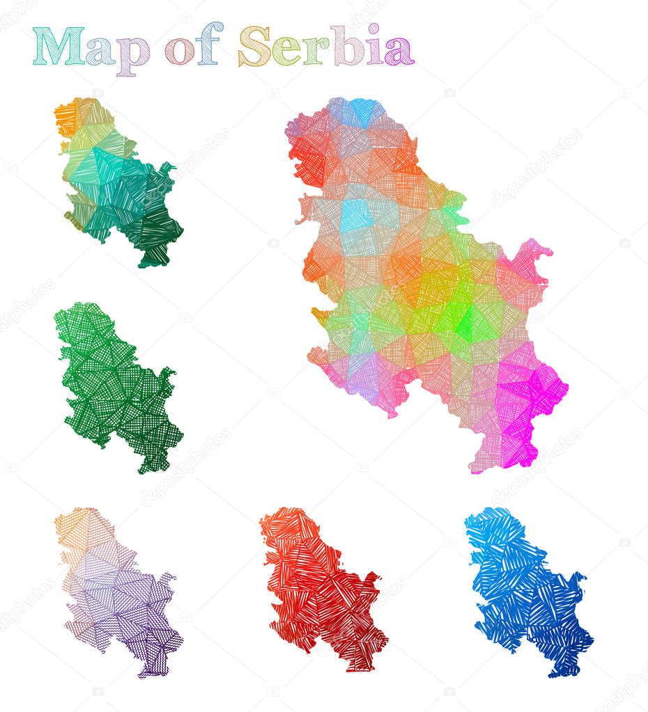 Handdrawn map of Serbia Colorful country shape Sketchy Serbia maps collection Vector