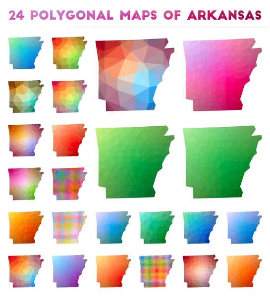 Conjunto de mapas poligonais vetoriais de Arkansas Mapa gradiente brilhante de nós estado em baixo estilo poli —  Vetores de Stock