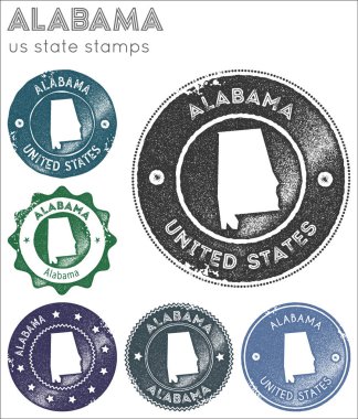 Alabama pulları koleksiyonu Alabama logosu bize devlet harita siluet vektör seti ile Kauçuk pullar