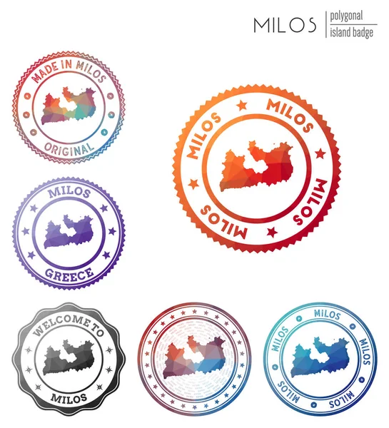 Milos insignia Colorido símbolo poligonal isla Multicolor geométrico Milos logos conjunto Vector — Vector de stock