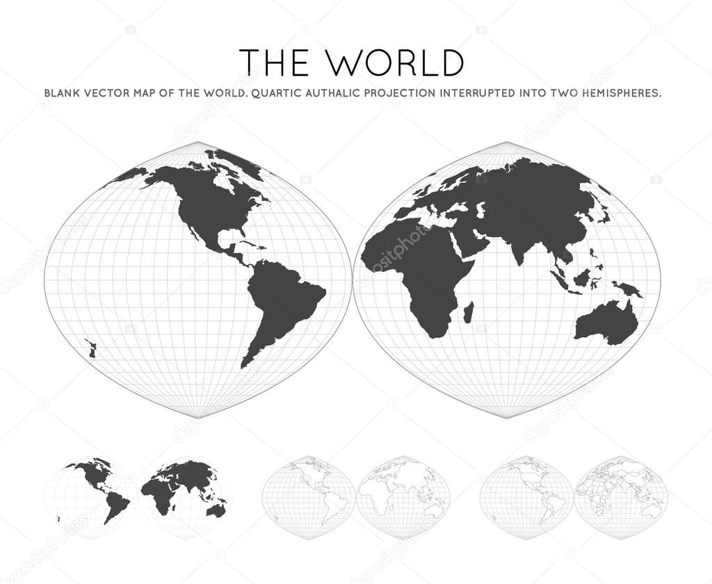 Map of The World Quartic authalic projection interrupted into two hemispheres Globe with latitude