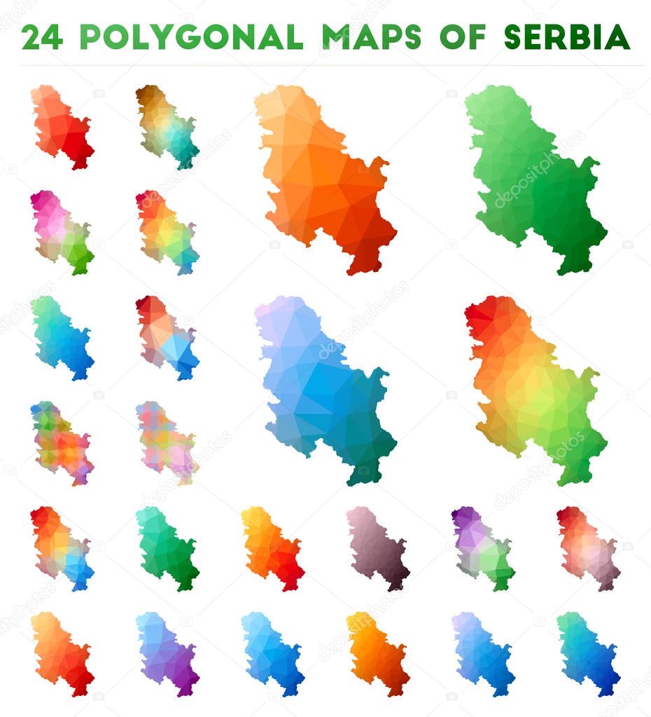 Set of vector polygonal maps of Serbia Bright gradient map of country in low poly style