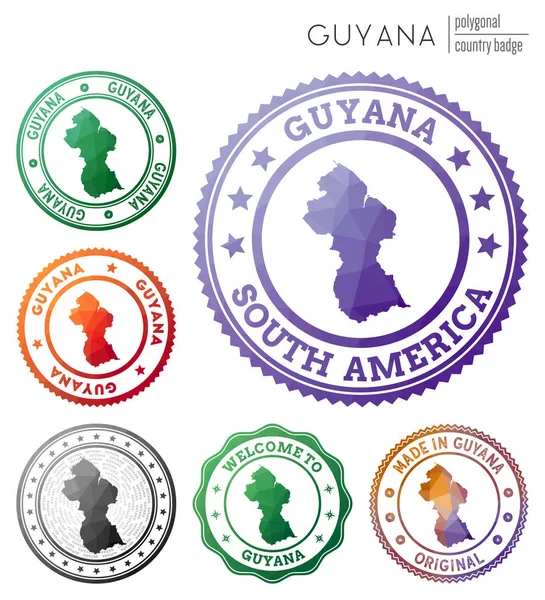 Guyana rozeti Renkli çokgen ülke sembolü Çok renkli geometrik Guyana logoları Vektör seti — Stok Vektör