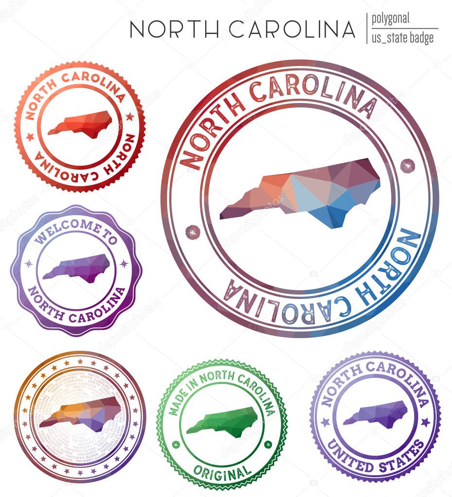 North Carolina badge. Colorful polygonal us state symbol. Multicolored geometric North Carolina logos set. Vector illustration.