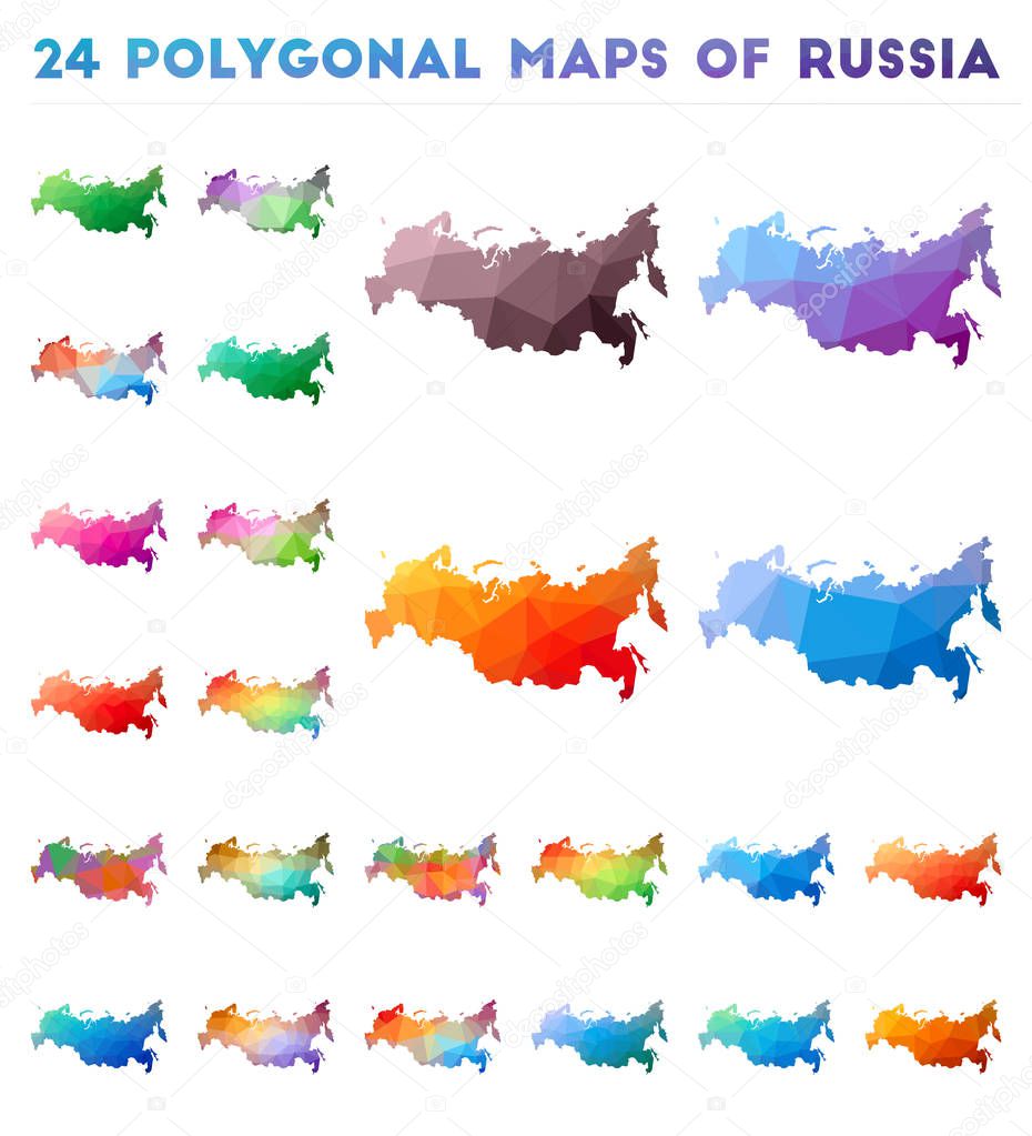 Set of vector polygonal maps of Russia Bright gradient map of country in low poly style