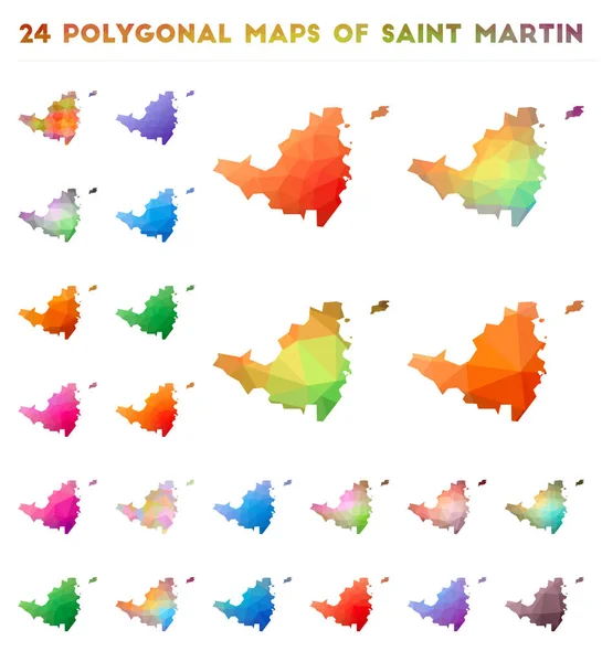 Set of vector polygonal maps of Saint Martin  Bright gradient map of island in low poly style — Stock Vector